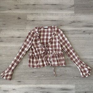 American Eagle Outfitters Cream & Red Plaid Ruffle Tie-Front Blouse